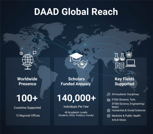DAAD’s global reach – number of countries, total scholars funded annually, and fields supported