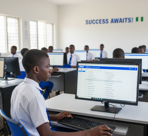 A student taking a JAMB CBT test on a computer in a classroom setting.
